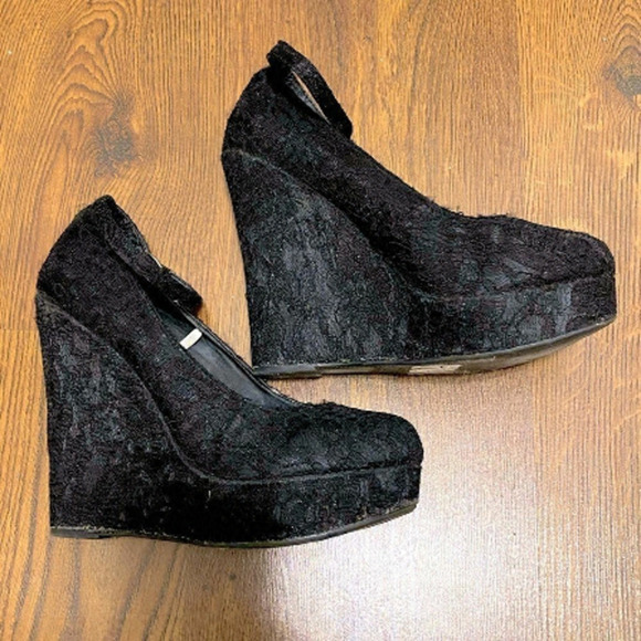 A.CO Black Lace Platform  Wedge Shoes Size 39 - Picture 1 of 8